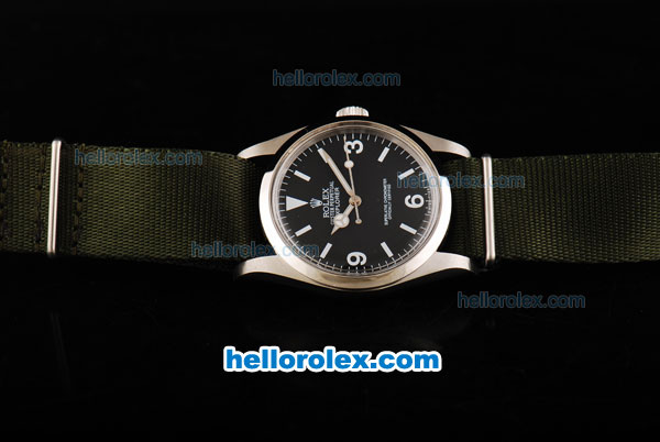 Rolex Explorer Automatic Movement Steel Case with Black Dial-White Markers and Green Nylon Strap - Click Image to Close